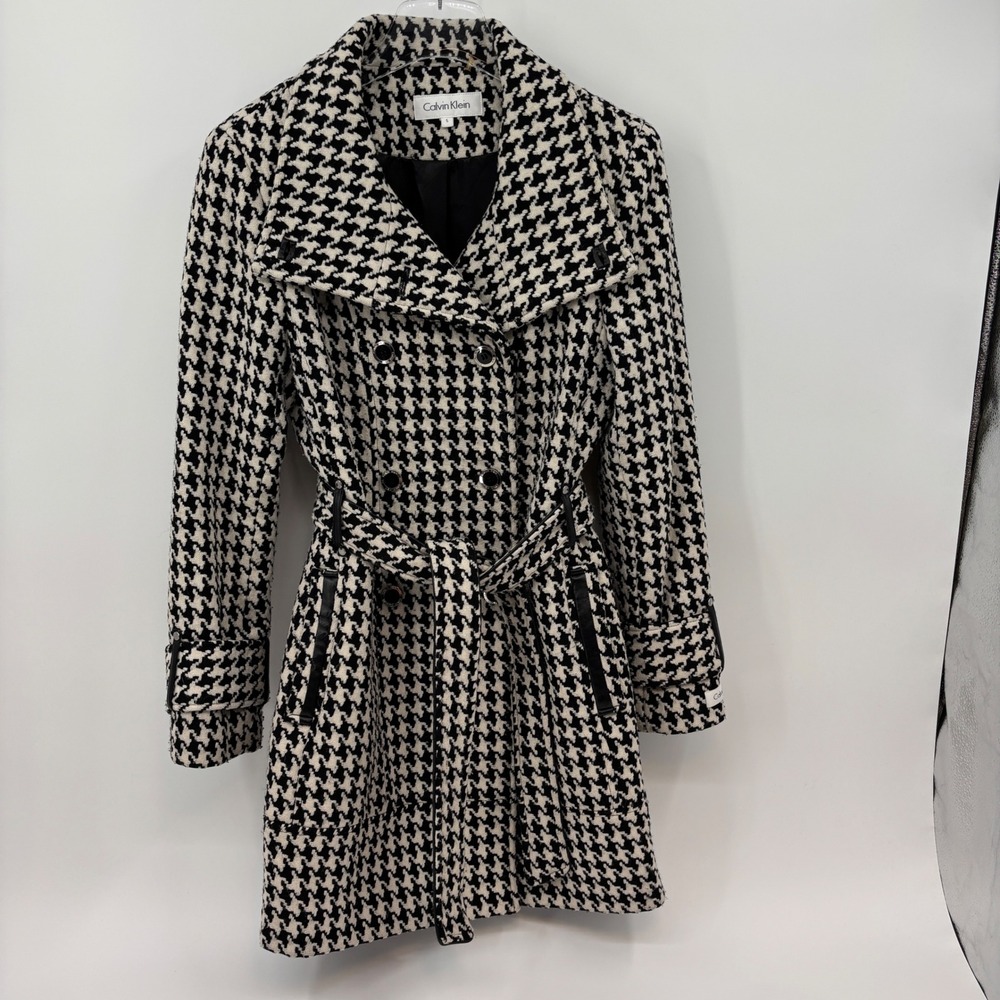 Calvin Klein Peacoat Women S Black White Houndstooth Belted Wool Blend Trench